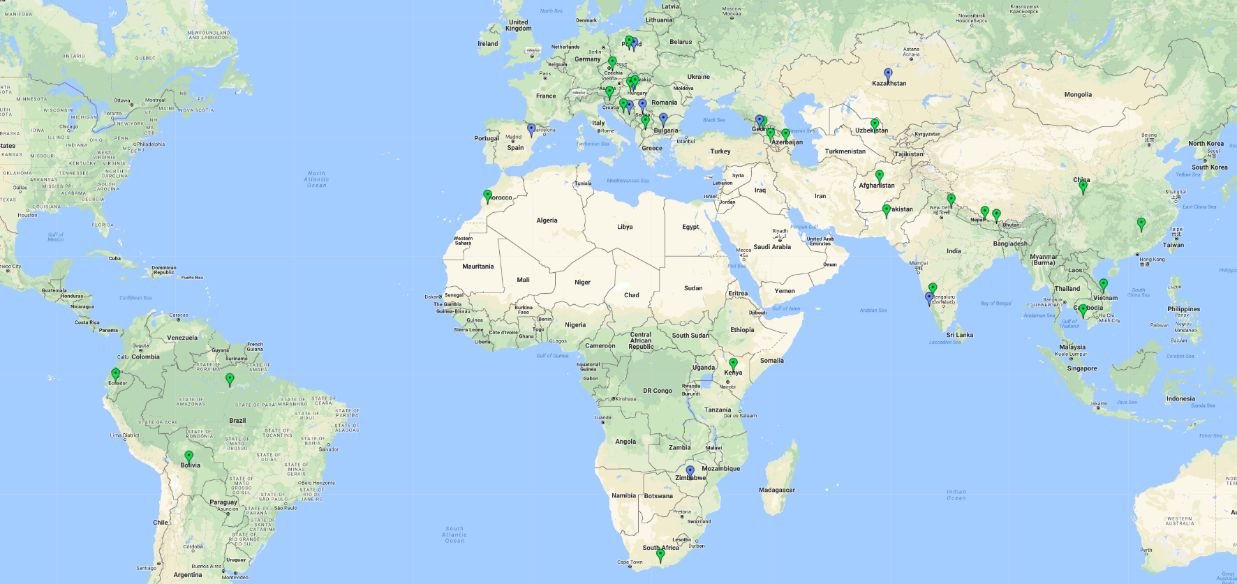 Blue pins: FairWild-certified projects, Green pins: FairWild implementation projects. Find out more about FairWild activities here.